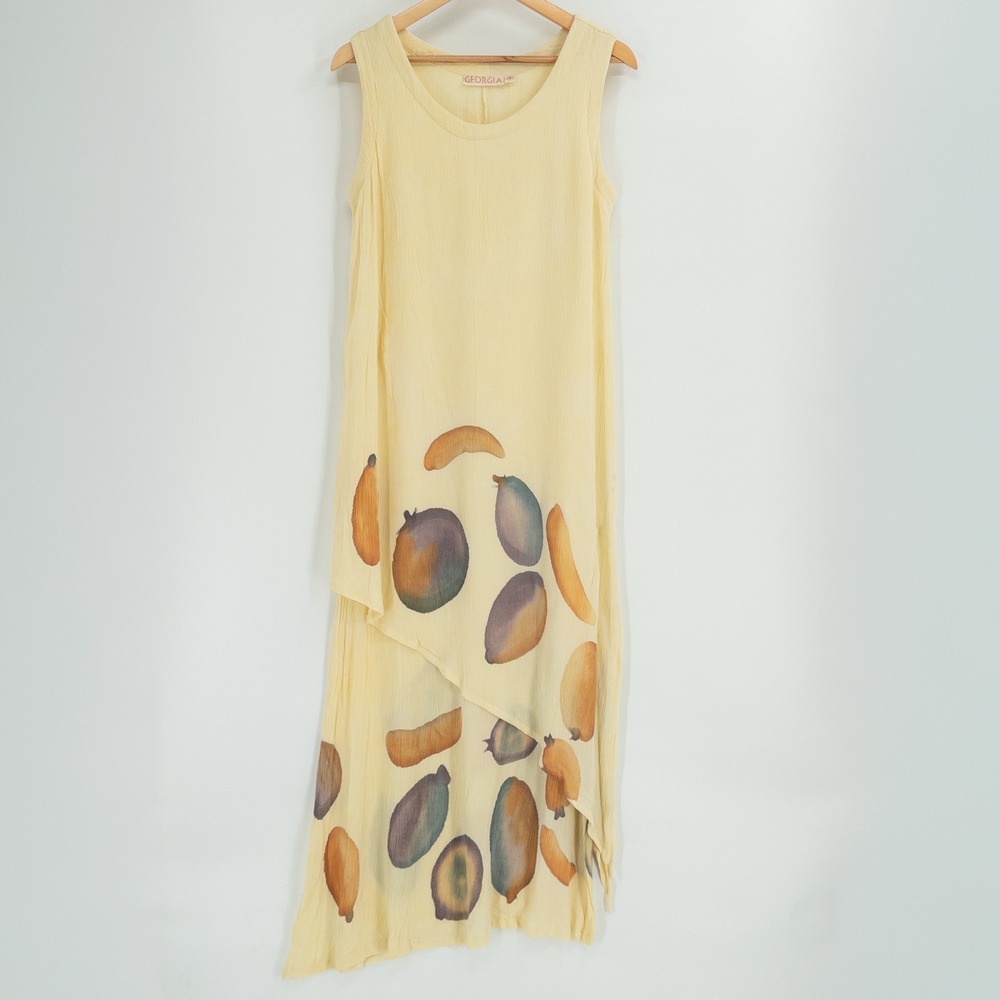 Vintage 90s Maxi Dress Women S Yellow Crinkle Gauze Fruit Lagenlook Artsy Boho